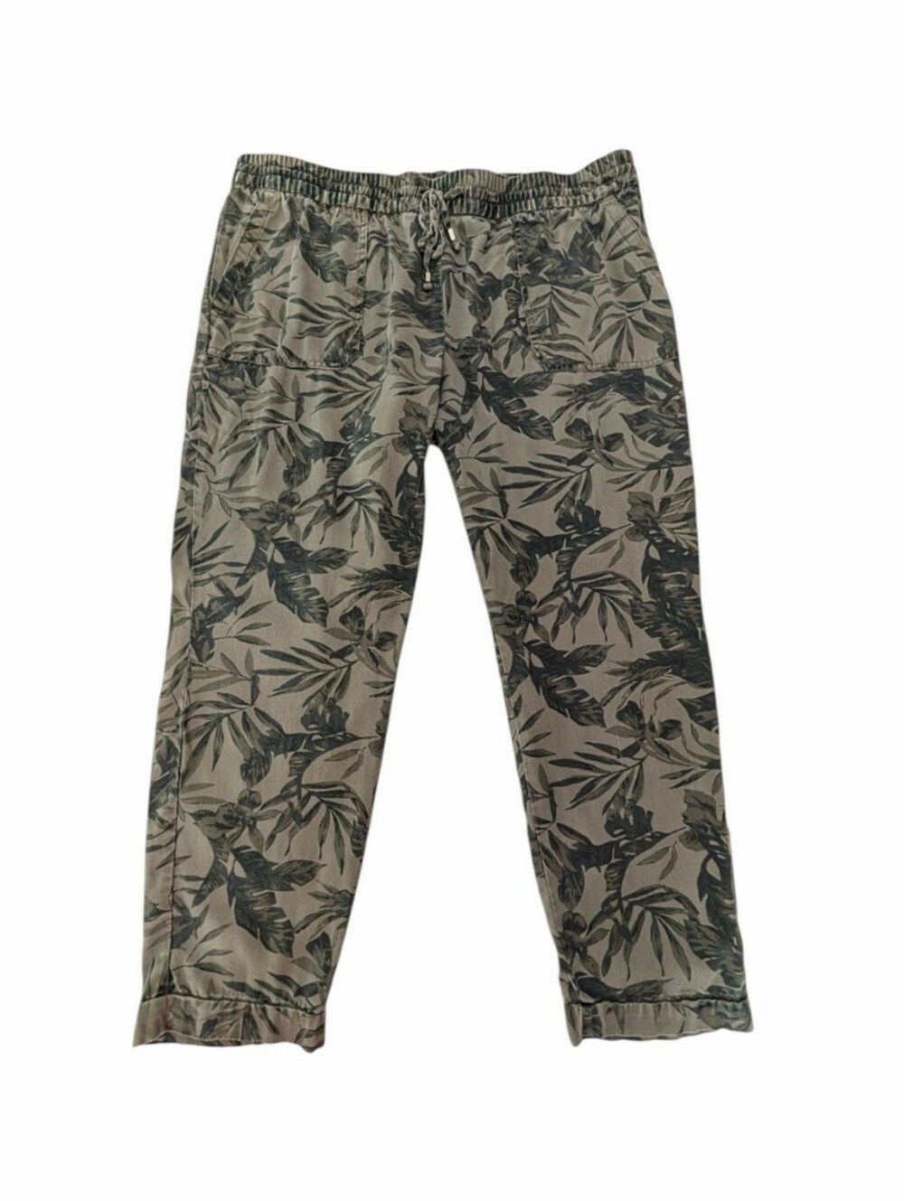 Old Navy Soft Lyocell Tencel Utility Crop Pants Size L Mid Rise Olive Leaf Print